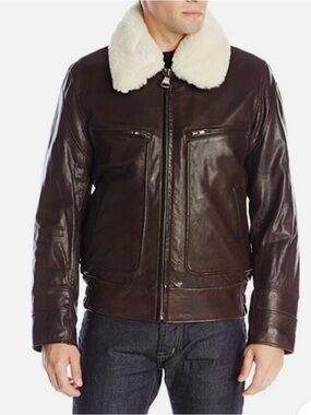 Andrew Marc Brown Leather Bomber Jacket with Cream Shearling Collar